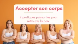 5 femmes d'âge et de corpulence différentes alignées devant un mur orangé. Elles portent une courte brassière blanche et un jean, elles sont souriantes. Bannière pour article "accepter son corps et retrouver la paix"