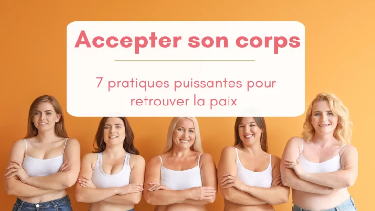 5 femmes d'âge et de corpulence différentes alignées devant un mur orangé. Elles portent une courte brassière blanche et un jean, elles sont souriantes. Bannière pour article "accepter son corps et retrouver la paix"
