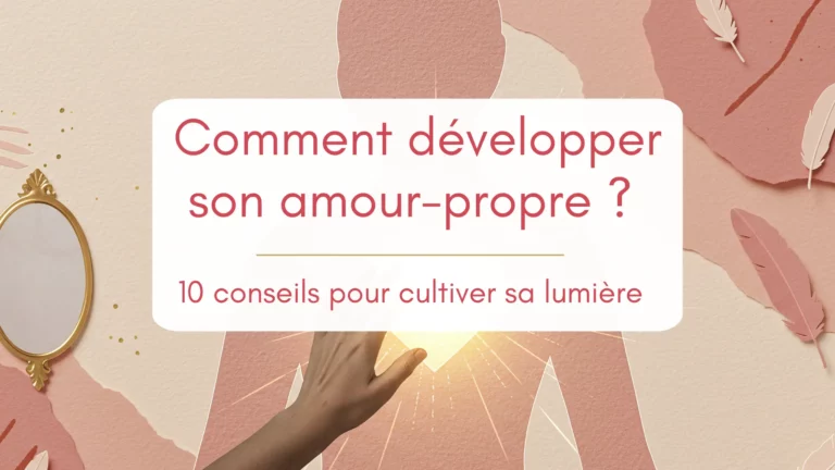 Bannière aux couleurs douces et roses avec plumes, miroir et main qui touche un cœur lumineux dessiné. Illustration article "Comment développer son amour-propre"