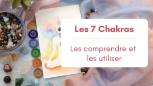 Peinture illustrant les 7 chakras dans notre corps et à côté, des pierres de couleurs avec les symboles associés aux 7 chakras, bannière pour l'article sur l'utilisation des chakras