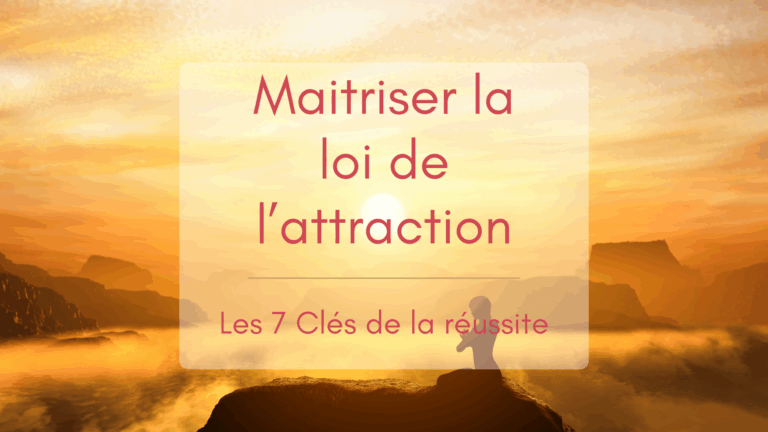Silhouette méditant en haut d'une montagne face à un paysage au soleil couchant avec des couleurs et une lumière à couper le souffle. Illustration de la loi de l'attraction.