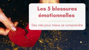 Mains de femme recouvertes de paillettes dorées tenant un coeur en papier rouge déchiré entre ses doigts, bannière article "5 blessures émotionnelles"