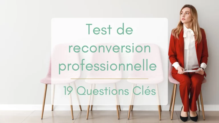 Une femme en pantalon tailleurs rouge patiente assise dans une salle vide, elle a préparé son test de reconversion professionnelle