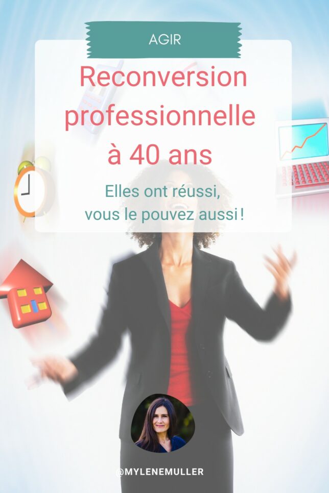 vignette montrant une femme d'affaires qui jongle avec ses responsabilités et titre de l'article "reconversion professionnelle à 40 ans, elles ont réussi, vous le pouvez aussi !"