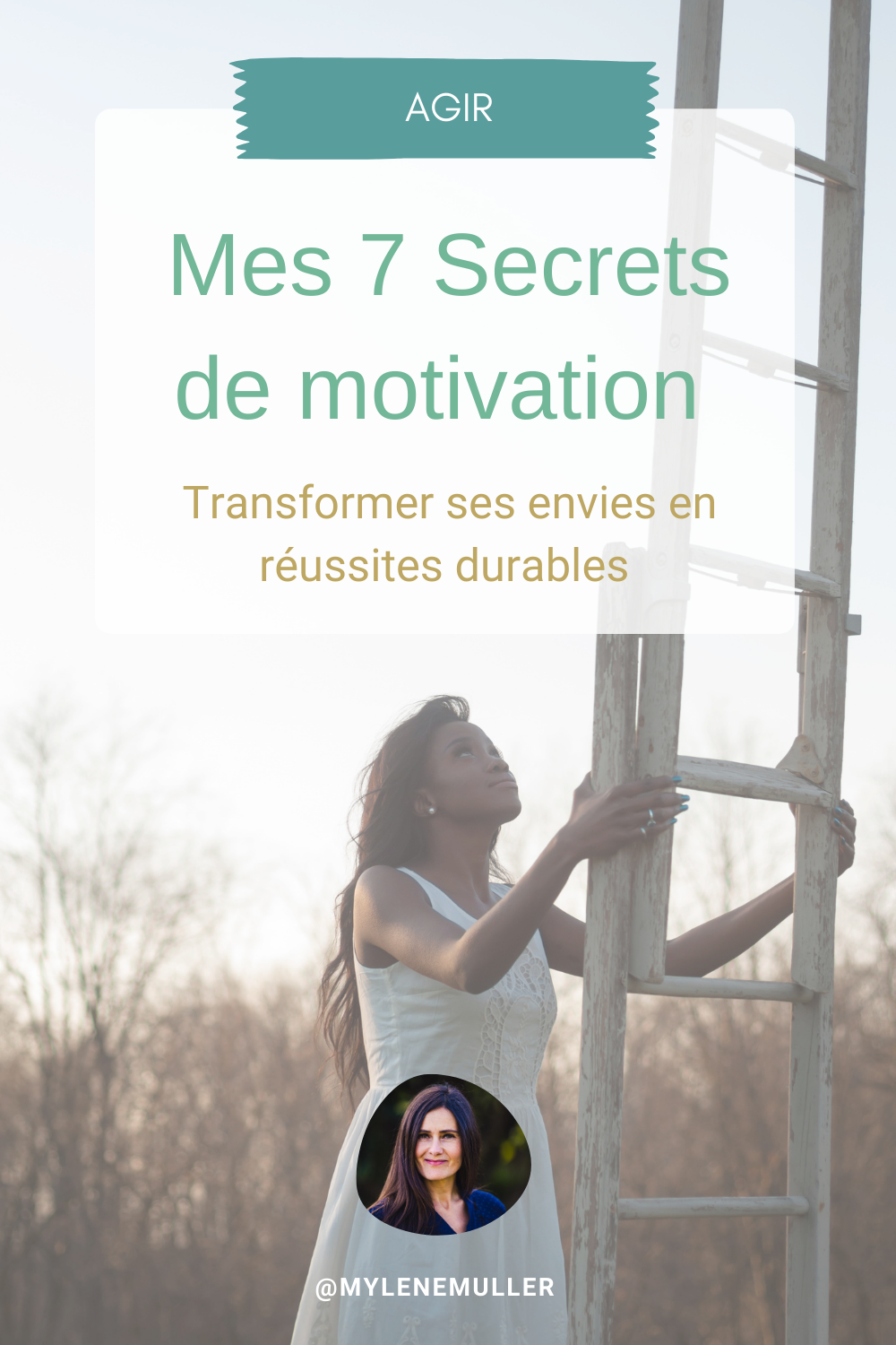 Une jeune femme dans un champ en bas d'une échelle vers le ciel, illustration article "Mes 7 secrets de motivation, transformer ses envies en réussites durables"  