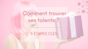 Femme avec une perruque rose carré frangé, regardant un cadeau avec étonnement et joie. Expression enchantée, main sur la bouche, ambiance punchy et colorée. Illustration pour l'article 'Comment trouver ses talents ?