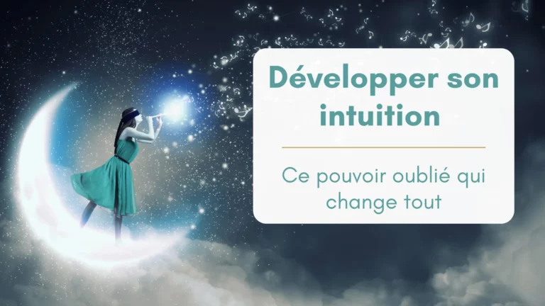 Une femme yeux bandés debout sur la lune, dans un ciel étoilé, souffle des notes de musique dans une flute. Bannière article comment développer son intuition.