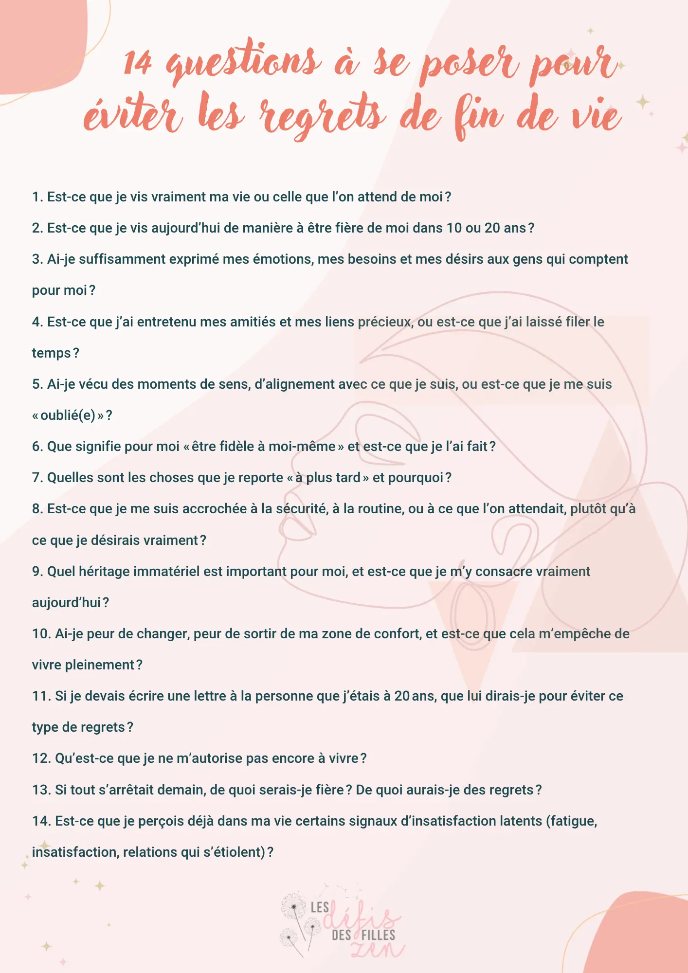 Infographie aux couleurs du site Les défis des filles zen, les 14 questions à se poser pour éviter les regrets de fin de vie (à télécharger)